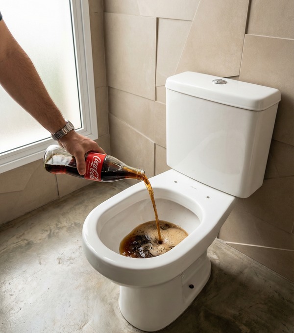 Coca Cola sendo aplicado em um vaso sanitário entupido